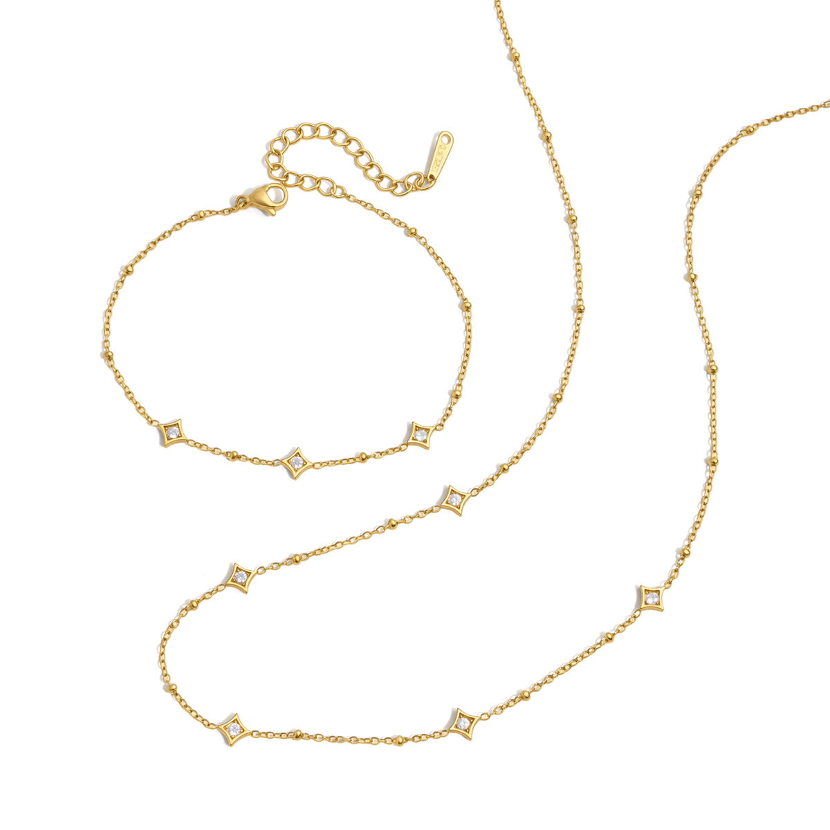 18K Gold plated Star Diamond Station Necklace & Bracelet Set, Dainty Layered Jewelry