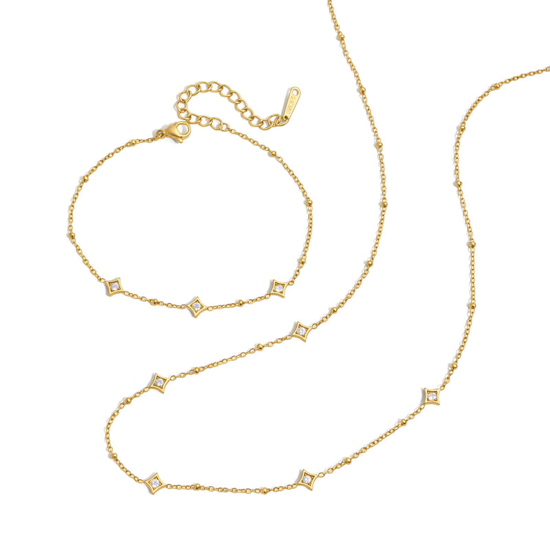 18K Gold plated Star Diamond Station Necklace & Bracelet Set, Dainty Layered Jewelry