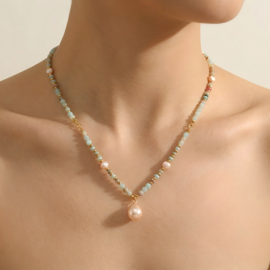 Handcrafted Natural Stone & Pearl Statement Necklace - Minimalist Beaded Jewelry