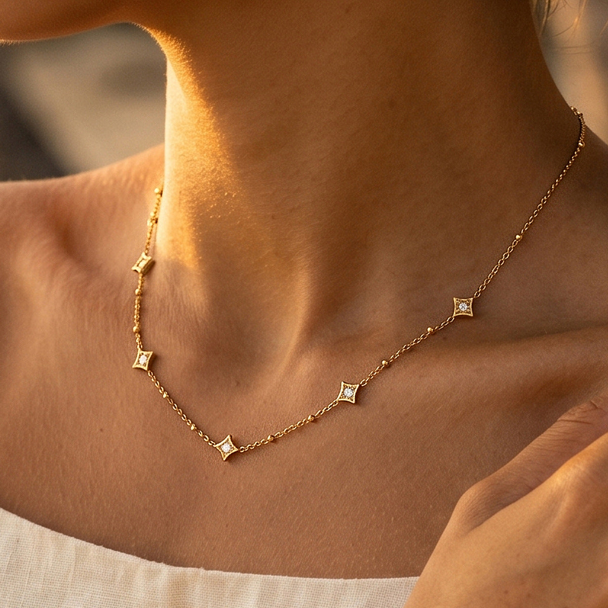 18K Gold plated Star Diamond Station Necklace & Bracelet Set, Dainty Layered Jewelry