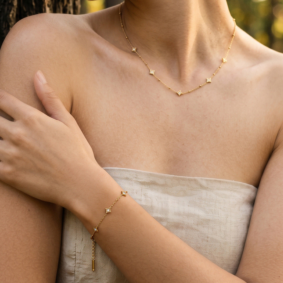 18K Gold plated Star Diamond Station Necklace & Bracelet Set, Dainty Layered Jewelry