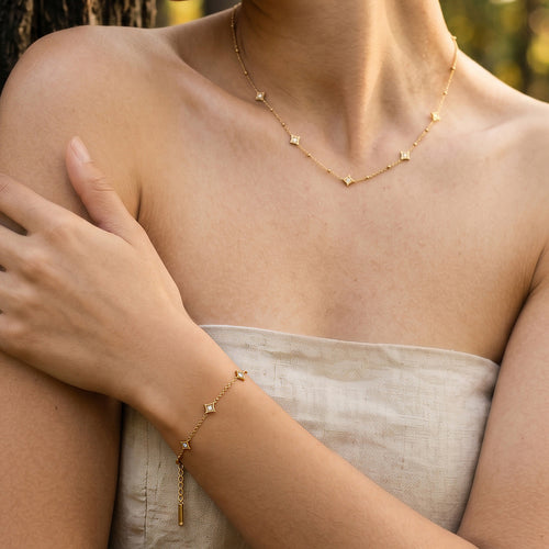 18K Gold plated Star Diamond Station Necklace & Bracelet Set, Dainty Layered Jewelry