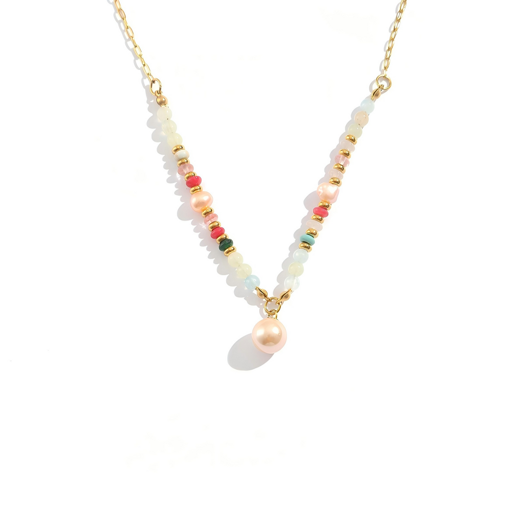 Handcrafted Natural Stone & Pearl Statement Necklace - Minimalist Beaded Jewelry