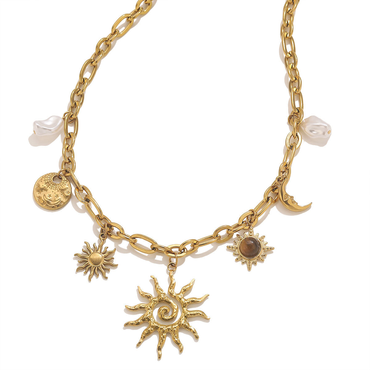 Vintage Sun & Moon Charm Necklace | Gold Plated with Baroque Pearls