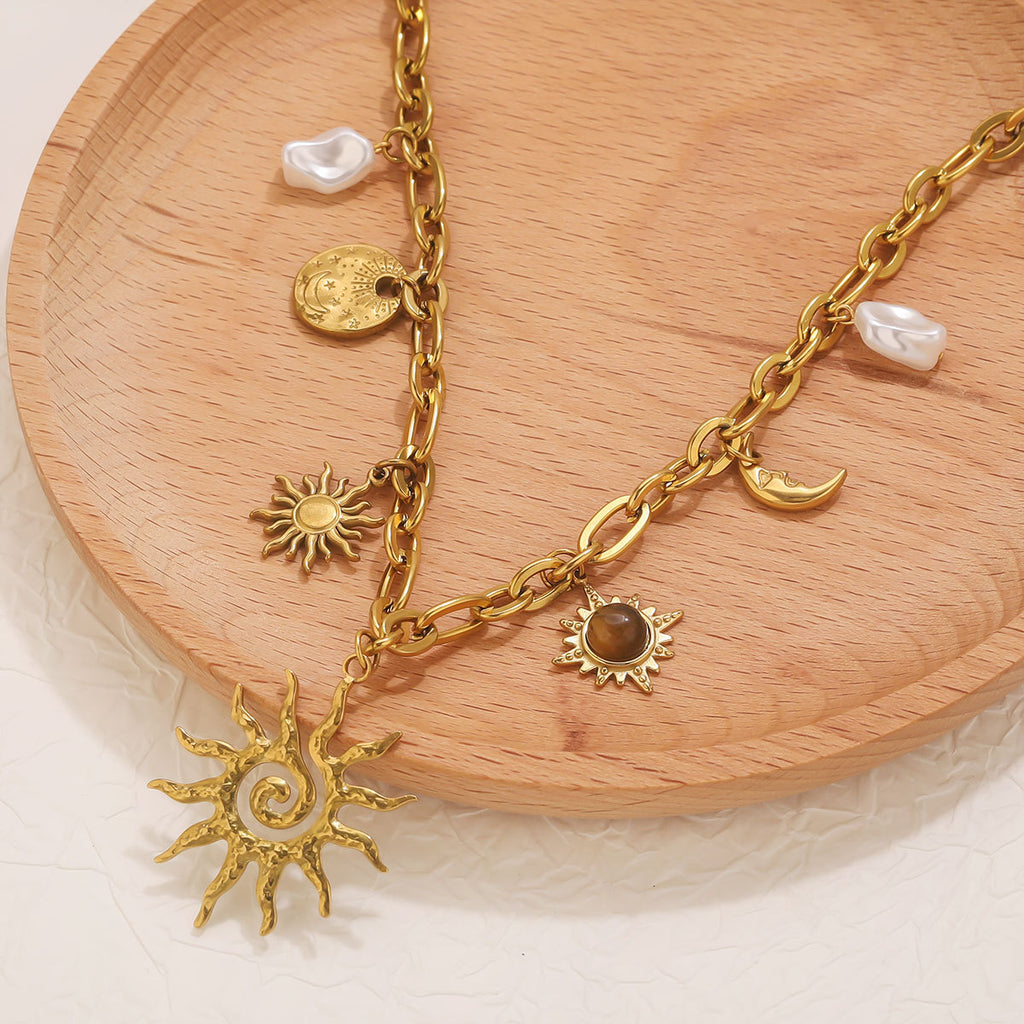 Vintage Sun & Moon Charm Necklace | Gold Plated with Baroque Pearls