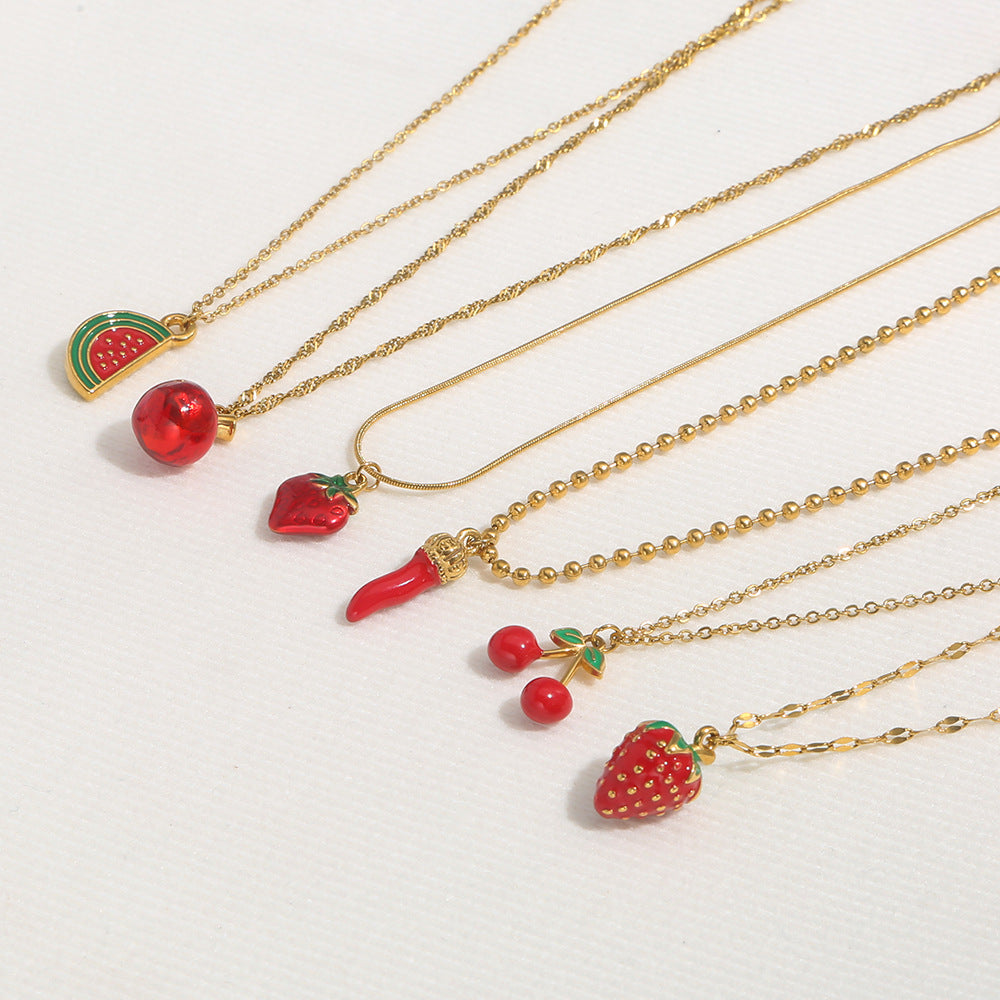 Cute Fruit Charm Necklace – Strawberry, Cherry & Watermelon Pendant Jewelry