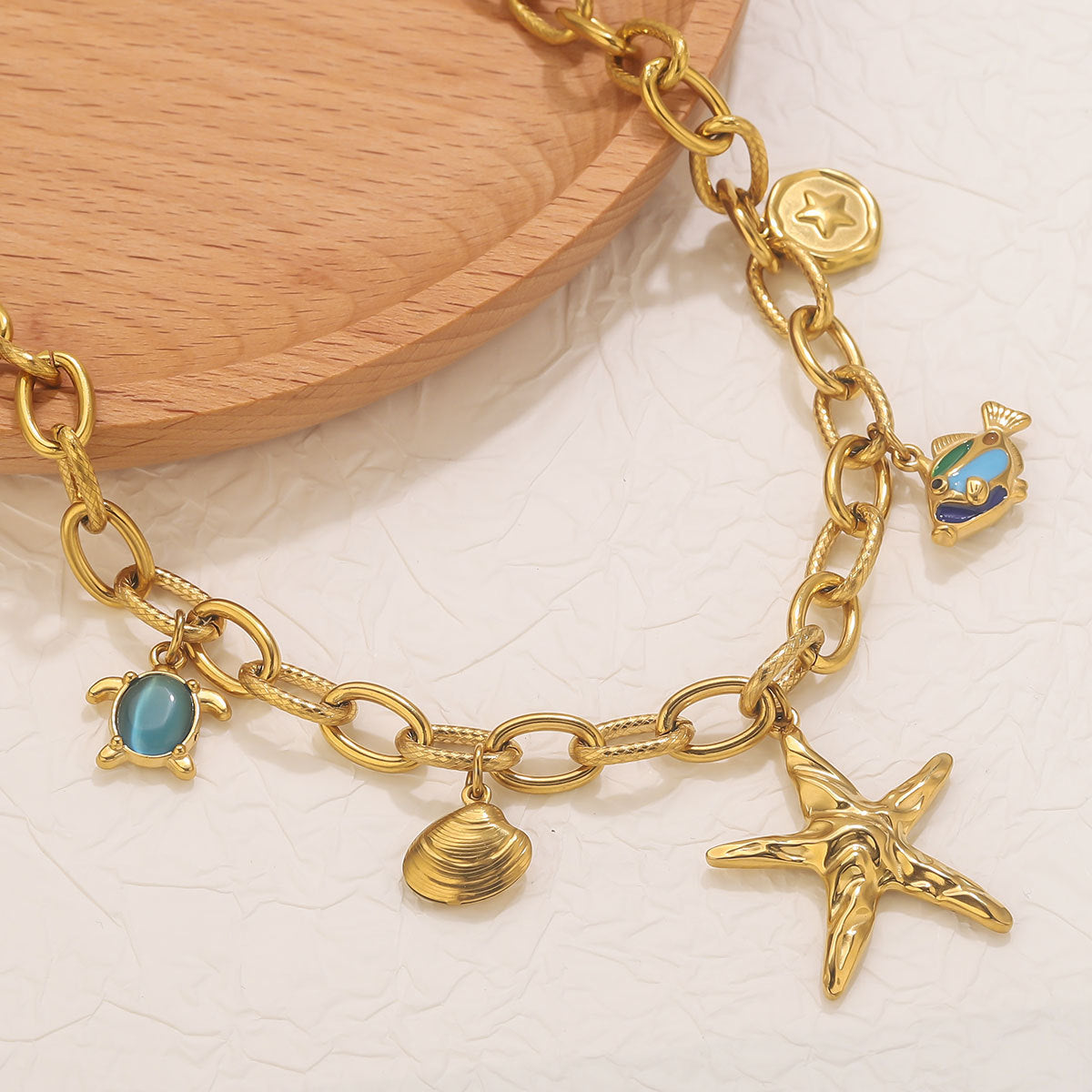 Ocean Soul starfish & Turtle Gold Link Statement Necklace
