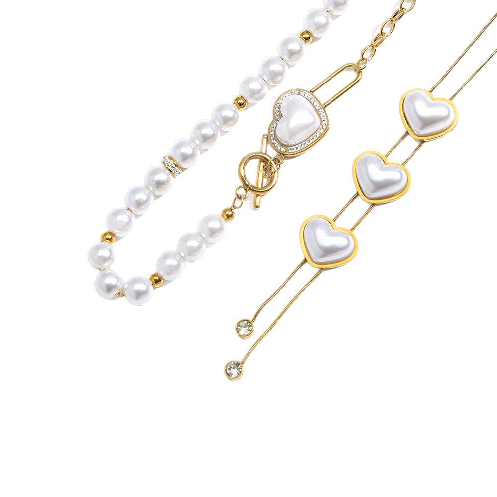 Elegant Heart Pearl Choker & Bracelet Combo - 18K Gold Plated Stackable Jewelry