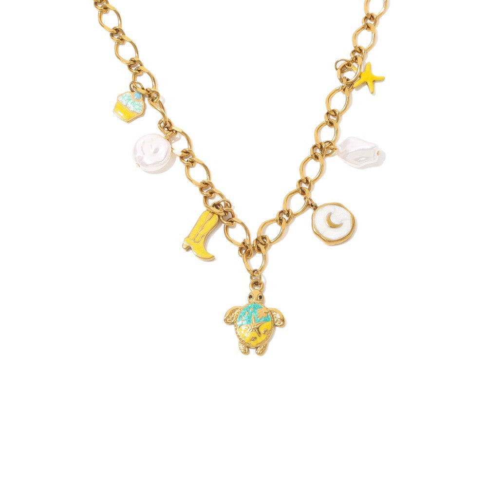 Whimsical Sea Turtle & Cowboy Boot Gold Link Necklace
