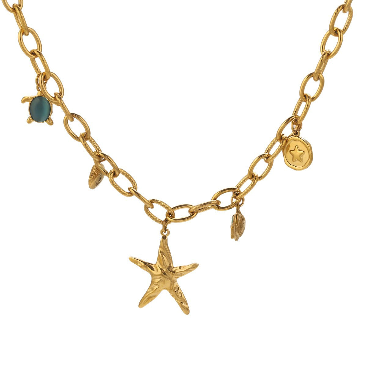 Ocean Soul starfish & Turtle Gold Link Statement Necklace