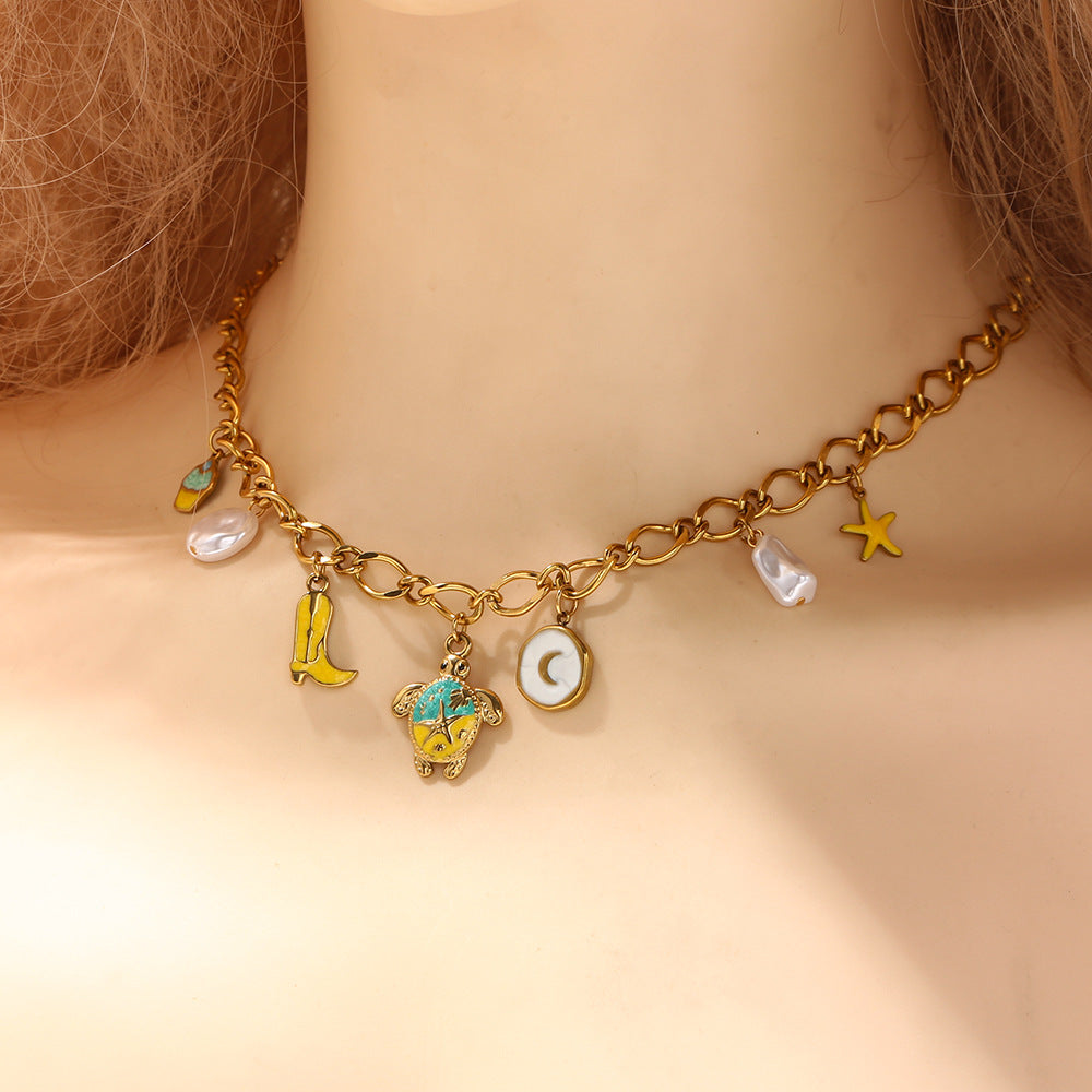 Whimsical Sea Turtle & Cowboy Boot Gold Link Necklace