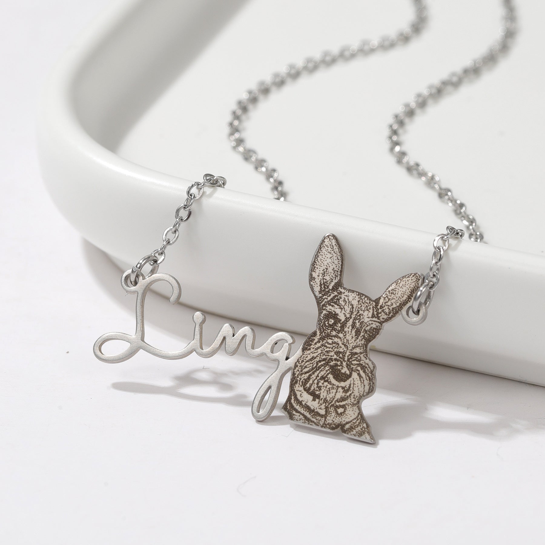 Stainless Steel Custom Cat Silhouette Necklace - Engraved Pet Name Pendant