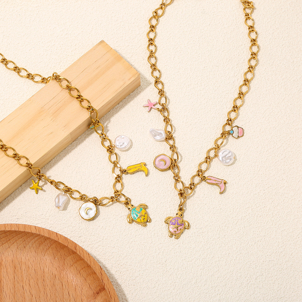 Whimsical Sea Turtle & Cowboy Boot Gold Link Necklace