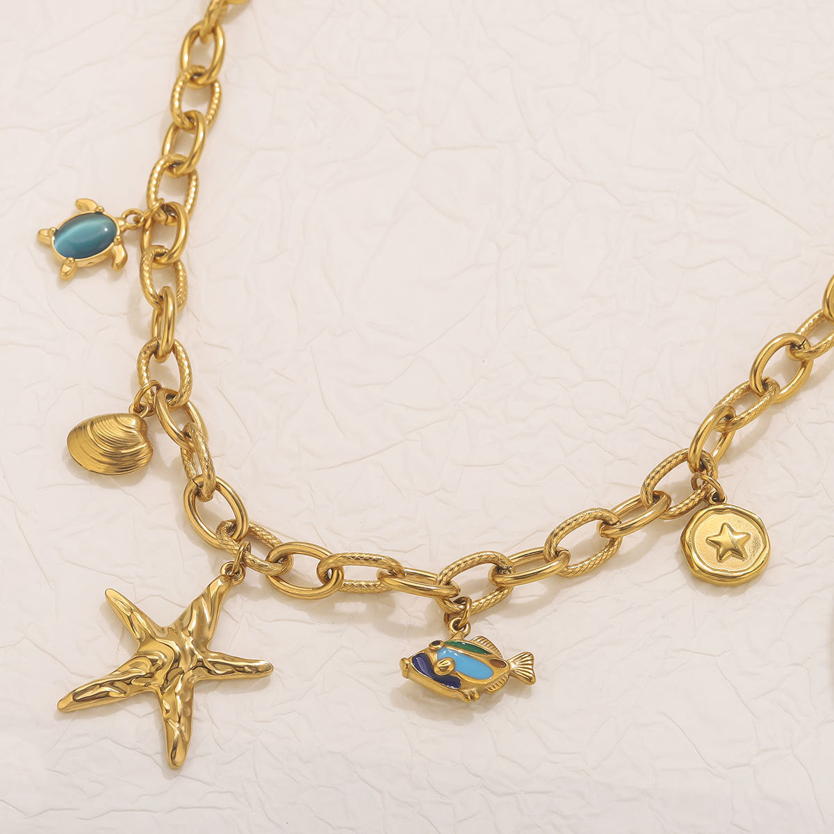 Ocean Soul starfish & Turtle Gold Link Statement Necklace