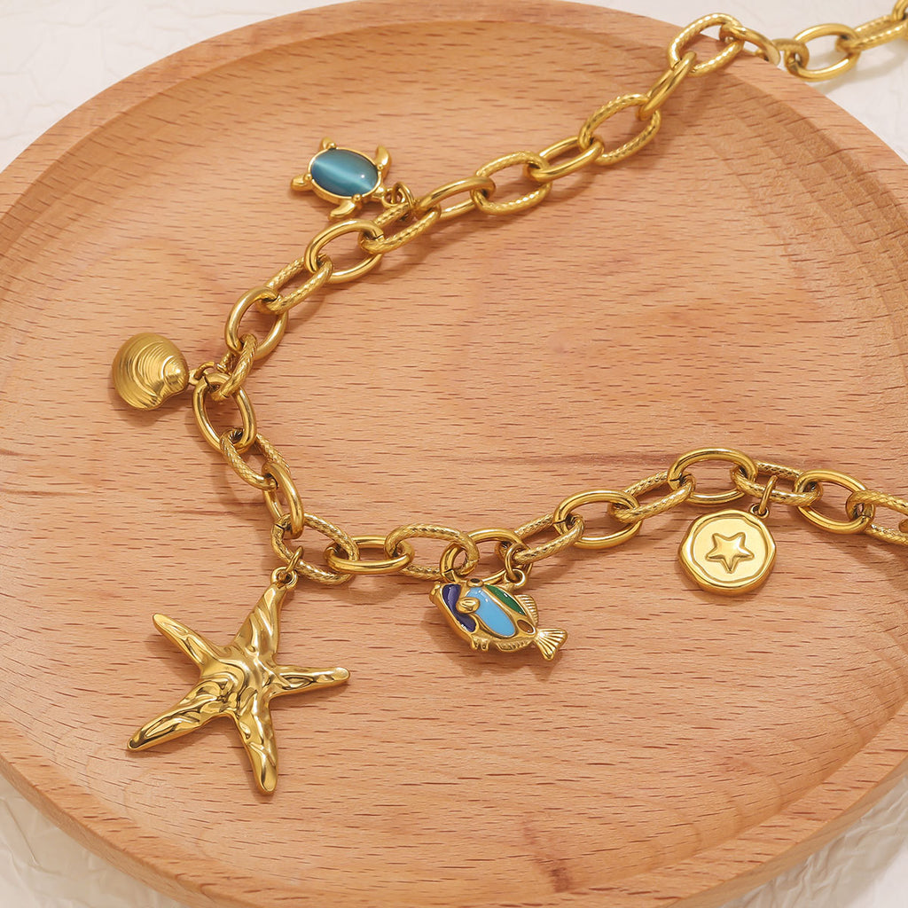 Ocean Soul starfish & Turtle Gold Link Statement Necklace
