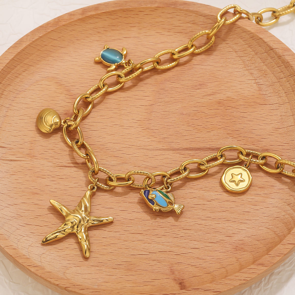 Ocean Soul starfish & Turtle Gold Link Statement Necklace