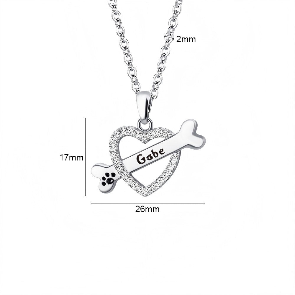 Personalized Pet Heart & Bone Pavé Necklace — Custom Engraving
