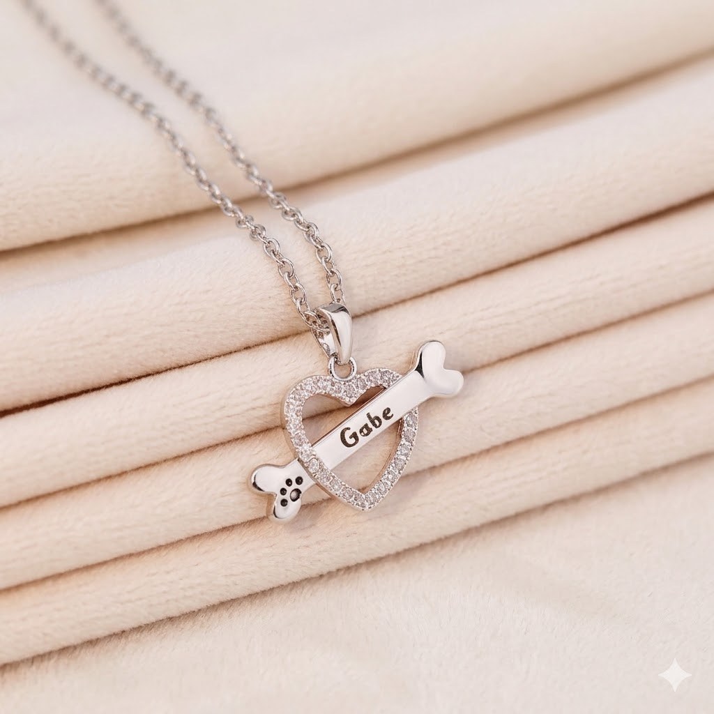 Personalized Pet Heart & Bone Pavé Necklace — Custom Engraving